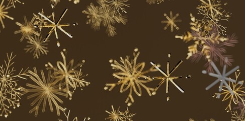 Abstract pattern of gold snowflakes on a rich brown background. Perfect for winter and holiday designs, Christmas cards, and festive