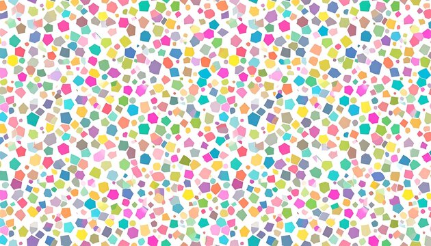 Many colorful polygons scattered across a white background in a dense, random pattern, creating a vibrant, textured feel