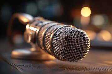 Detailed close-up of a vintage-style microphone with warm, inviting bokeh lighting in the