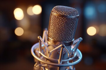 Close-up of a vintage-style microphone, warmly lit against a bokeh background, evoking a sense of