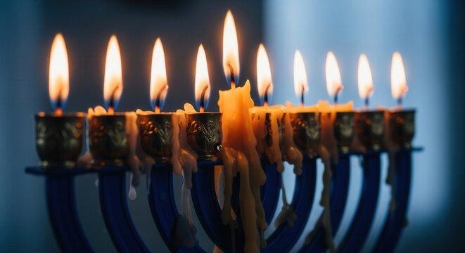 Close-up of a blue Hanukkah menorah with lit candles covered in melting wax. The scene's moody lighting evokes a sense of history and enduring faith. Ideal for authentic holiday visuals. - Powered by Adobe