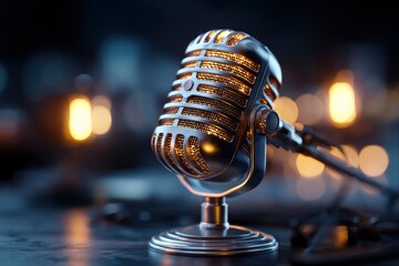 A vintage-style microphone shimmers against a softly blurred background of warm, golden bokeh