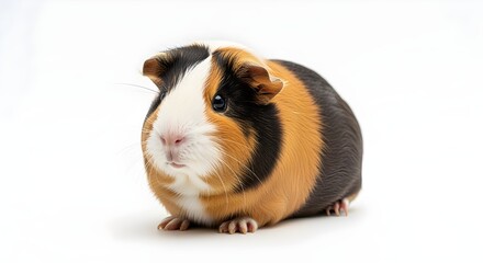 Adorable multi-colored guinea pig with black, orange, and white fur sitting on a clean white background