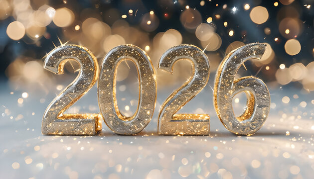 Luxurious 2026 Glittering Gold: 3D rendered numbers sparkling against a warm, dreamy bokeh background. Elegant New Year celebration and banner
