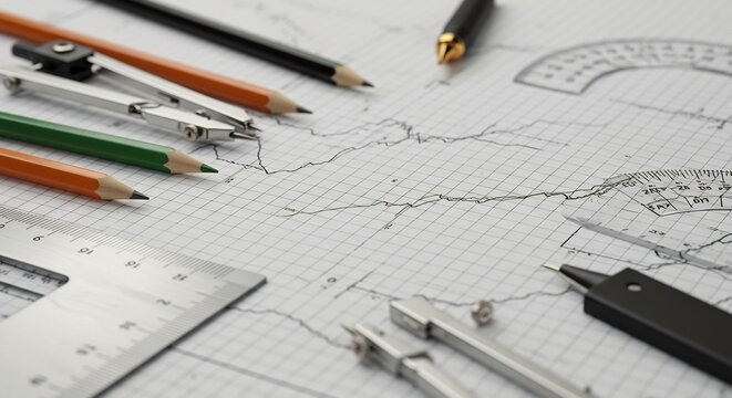 Drafting tools on a technical drawing, precision instruments for design. - Powered by Adobe