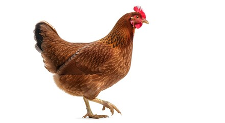 A vibrant brown hen walks gracefully across a clean white studio backdrop, showcasing its natural beauty and healthy plumage