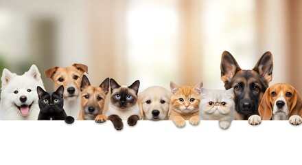 Diverse group of friendly dogs and cats peeking over a white board for a pet-themed advertisement