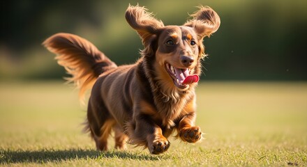 Adorable Brown Dachshund Dog Running Joyfully Across a Lush Green Field, Outdoor Sunlight