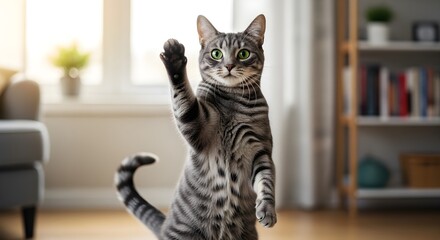 Cute tabby cat raising its paw to wave hello in a cozy sunlit living room at home