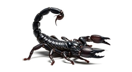 A large black Asian forest scorpion poised in a defensive stance with stinger ready on a white background