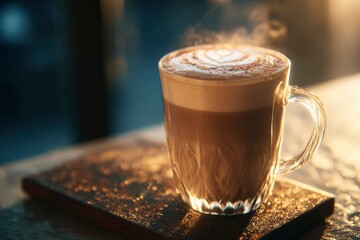 A cup of warm latte artfully crafted with a delicate heart design and rising steam in soft light.