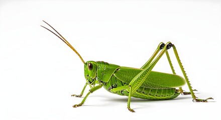 Green Grasshopper Macro Shot A Detailed View of Insect's Antennae and Legs on White Background