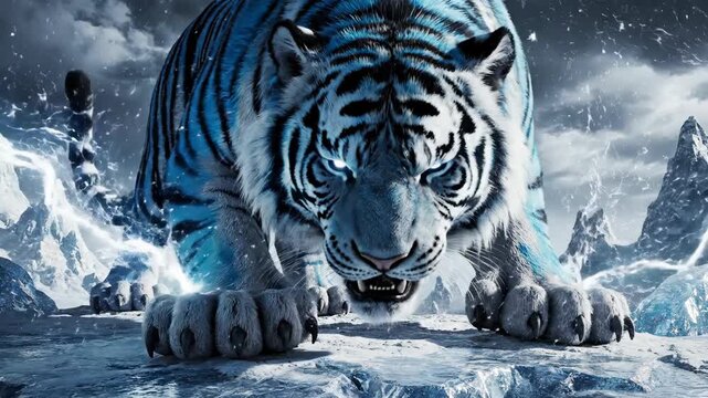A badass blue and white striped tiger with glowing blue eyes stands fierce on a rocky outcrop, surrounded by electric blue lightning