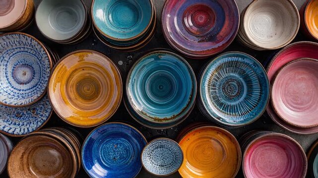 Artisan ceramic plates stacked in a rich texture close-up. Handmade pottery, abstract design, and unique kitchenware background. Craftsmanship.