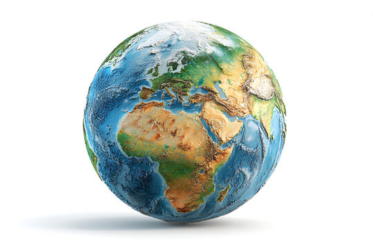 Detailed globe illustration showcasing Africa, Europe, and Asia with realistic water textures and topographic details, perfect for educational materials and environmental awareness campaigns