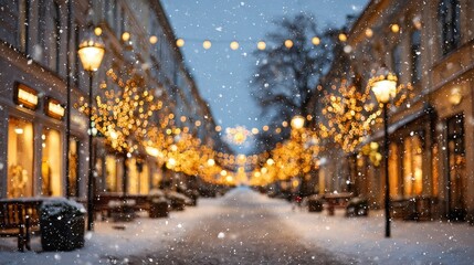 Festive golden lights illuminating snowy city street at night