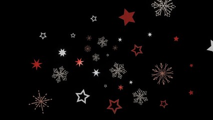 Festive winter background with red and white stars and snowflakes on black. Perfect for Christmas or New Year designs.