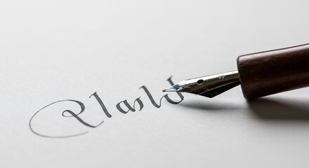 Fototapeta premium Elegant Fountain Pen Inking the Word Plastic on White Paper.
