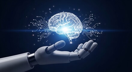 Robotic Hand Holding Digital Brain Concept Illustration in Futuristic Technology Style