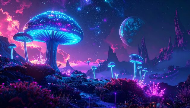 Neon fantasy landscape luminous mushrooms glow beneath a vibrant cosmic sky, planet hangs in the background - Powered by Adobe