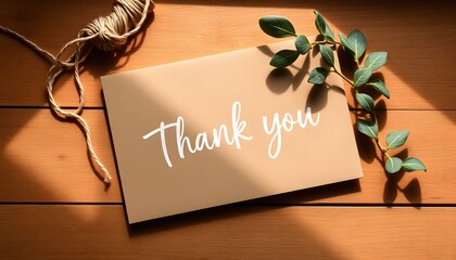 A heartfelt "Thank you" message on a rustic brown envelope, adorned with natural greenery and twine on a warm wooden surface.