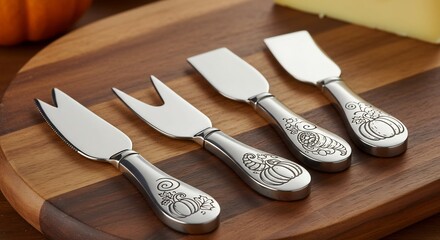 Elegant Silver Cheese Knives Set on a Wooden Board.