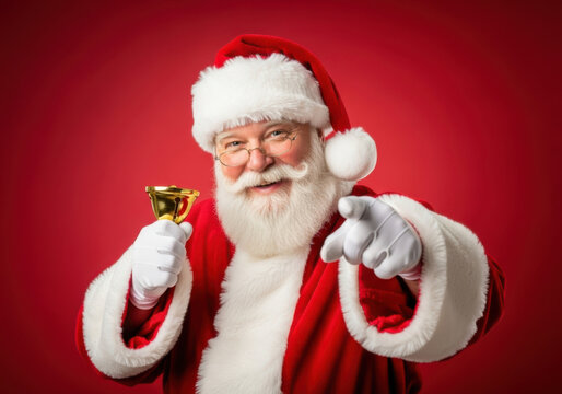 Santa claus holding a golden bell and pointing at the camera with a cheerful expression on a red background, representing christmas spirit and holiday cheer