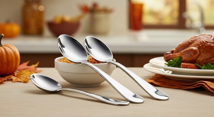 Elegant Silver Spoons and Thanksgiving Feast on a Table.