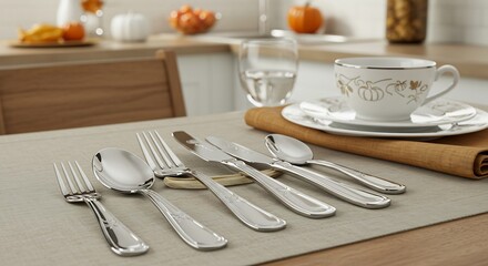 Elegant Silverware Set on a Dining Table with Teacup and Water Glass.