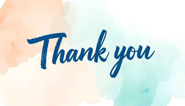 A gentle watercolor wash of soft peach and teal hues forms a backdrop for the handwritten phrase "Thank you" in elegant dark blue script.