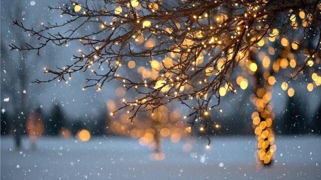 Illuminated bare tree branches with festive Christmas lights in falling snow on a winter evening