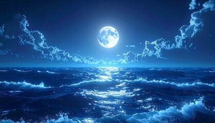 Night ocean waves reflecting a bright full moon under a cloudy, starry sky in shades of blue