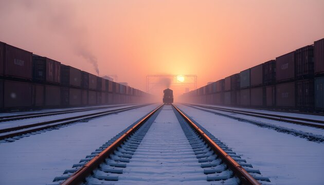 A freight train travels through a snowy landscape towards the setting sun, creating a dramatic scene.
