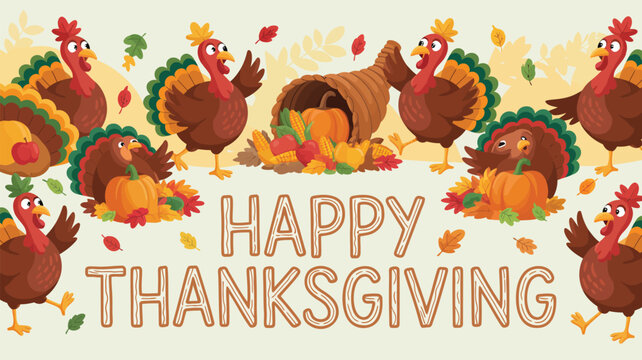 Happy thanksgiving greeting with cartoon turkeys cornucopia pumpkins and autumn leaves