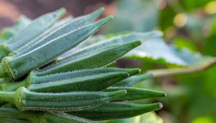 Close-up of okra pods on plant with fresh green texture under natural sunlight. Organic vegetables, farming, and healthy food concept.