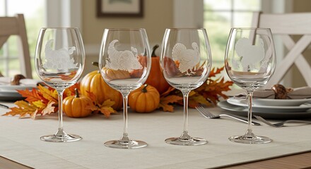 Elegant Table Setting with Wine Glasses and Autumn Decorations.