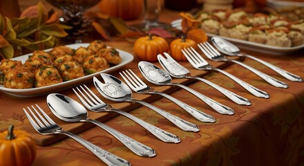 Elegant Thanksgiving Dinner Table Setting with Cutlery and Autumn Decorations.