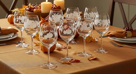 Elegant Thanksgiving Dinner Table Setting with Wine Glasses and Autumn Decorations.