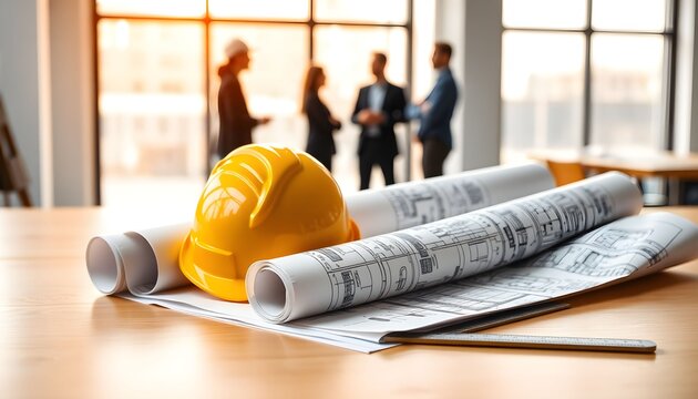 Yellow hard hat and architectural blueprints on a desk with blurred business people discussing in the background. - Powered by Adobe