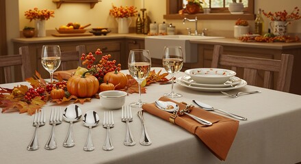 Elegant Thanksgiving Table Setting with Pumpkins and Fall Decor.