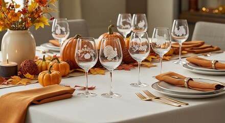 Elegant Thanksgiving Table Setting with Pumpkins and Wine Glasses.