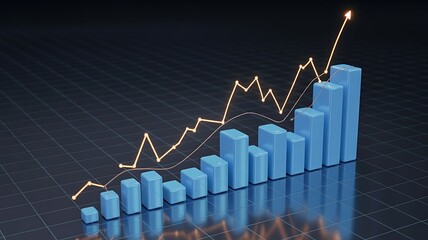 3 D blue bar chart with orange line graph showing upward trend image