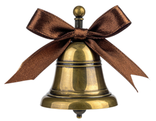 A vintage brass bell with a chocolate brown ribbon bow, set against a clean background