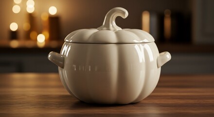 Elegant White Pumpkin Soup Tureen on Wooden Table.