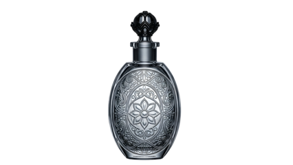 Ornate antique style glass flacon displays intricate metallic engraving against a dark backdrop