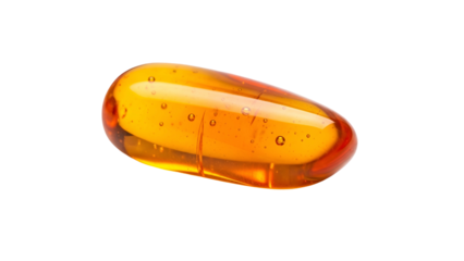 Translucent amber gel capsule floats suspended against a solid black background