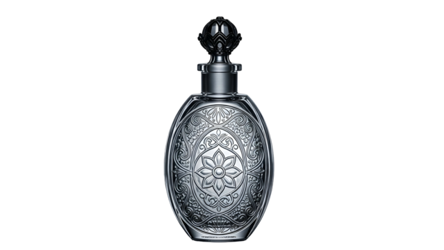Ornate antique style glass flacon displays intricate metallic engraving against a dark backdrop