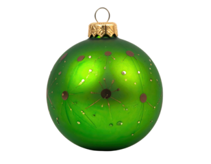 Shiny green Christmas ornament with gold cap and brown starbursts, isolated