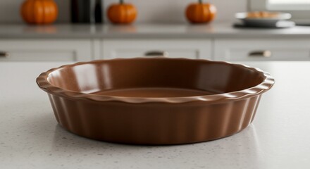 Empty Brown Ceramic Pie Dish on a White Kitchen Countertop with Pumpkins in the Background.