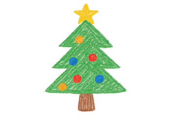 Fototapeta premium Christmas tree drawing celebrating holiday season with crayon art style and decorative star on transparent background